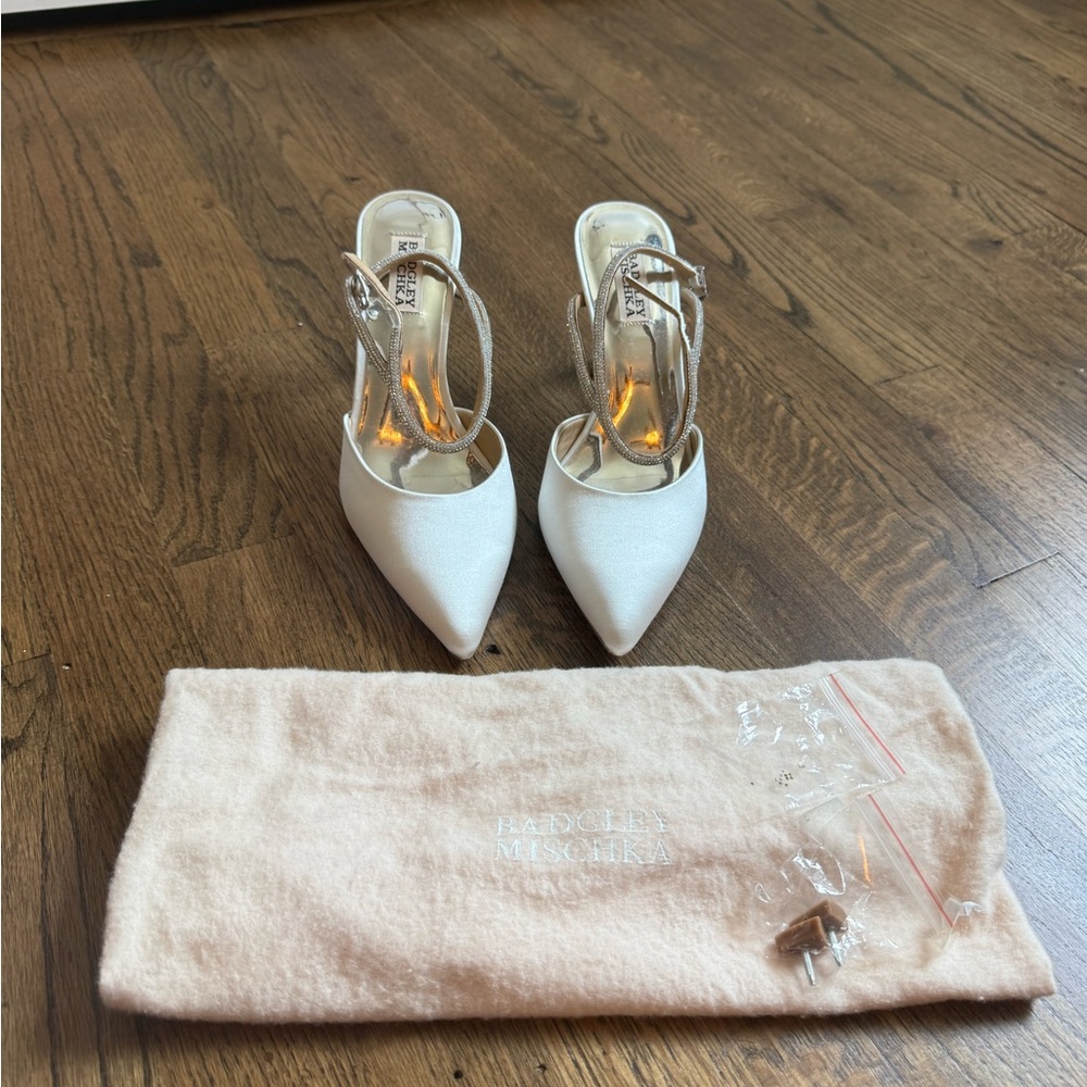 Badgley Mischka White Satin Pointed-Toe Slingback Heels